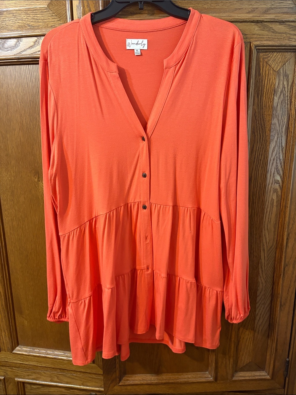 Wonderly Coral-Orange Tiered Button-Front Tunic